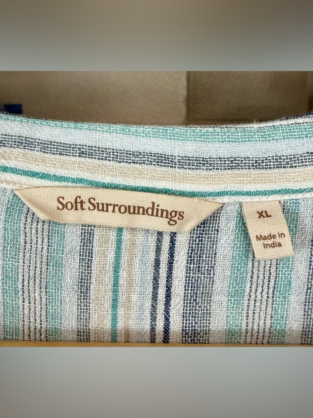 Soft Surroundings Teal, Light Gray & White Striped Embroidered Tunic - Picture 3 of 11